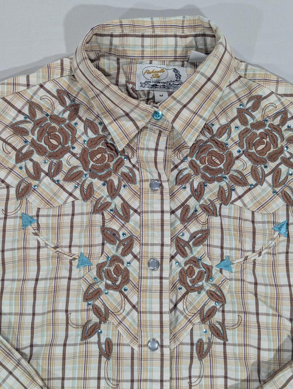 Panhandle Slim Shirt Womens M Beige Plaid Long Sleeve Western Floral Rhinestone